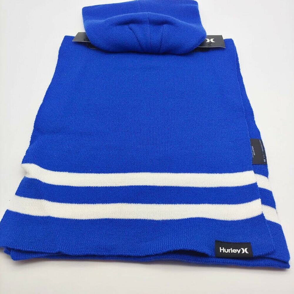 NEW Hurley Men's New Yorker Beanie & Scarf 2 Piece Set Blue White Stripe OS - Picture 3 of 5